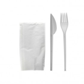 Set cubiertos de plástico blanco - tenedor, cuchillo, servilleta 16 cm