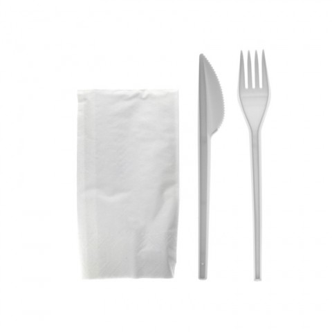 Couverts en PS blanc (fourchette, couteau et serviette)