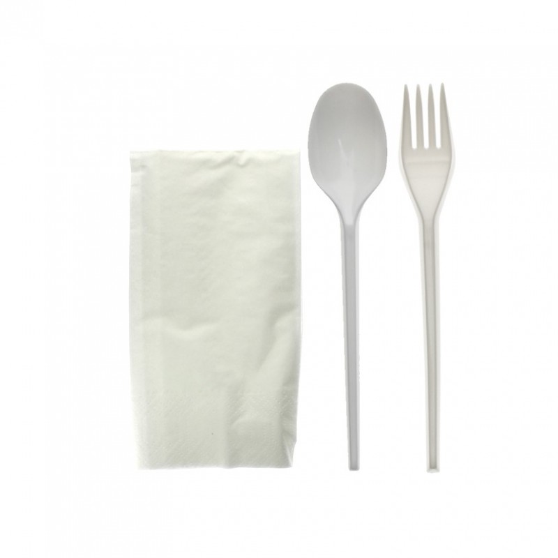 Pack de couverts blancs recyclables en PS (fourchette, cuillère et serviette) Pack de couverts blancs recyclables en PS (fourchette, cuillère et serviette)