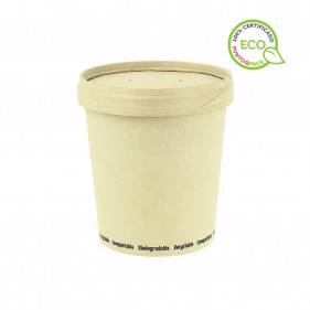 Disposable container for soups in compostable fiber 16oz Ø97mm with lid. Until end of stock
