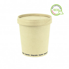 Envase para sopas desechable en fibra compostable 16oz Ø97mm con tapa. Hasta fin de stock