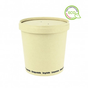 Disposable containers for soup in compostable fiber 24oz Ø117mm with lid. Until end of stock