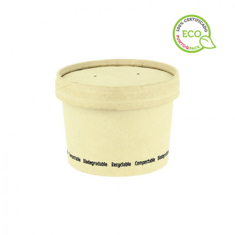 Envases desechables para sopa en fibra compostable 8oz Ø90mm con tapa. Hasta fin de stock