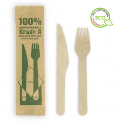 Pack cubiertos de madera 100% biodegradable grado A (16,5cm)