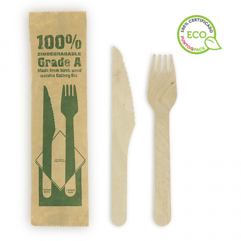 Pack de talheres de madeira 100% biodegradável grau A (16,5cm)