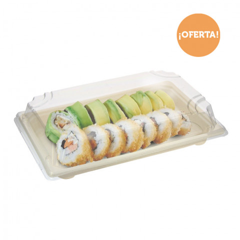 Bandeja sushi compostable con tapa antivaho (21,5x13,5x4,5cm)