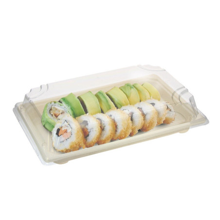 Plateau à sushi compostable avec couvercle anti-buée (21,5x13,5x4,5cm)