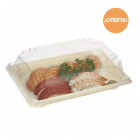 Bandeja sushi compostable con tapa antivaho (16x11,5x4,5cm)