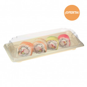 Bandeja sushi compostable con tapa antivaho (22x9x4,5cm)