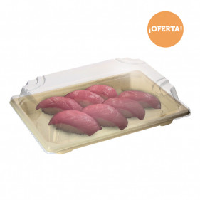 Bandeja sushi compostable con tapa antivaho (18,5x13x4,5cm)