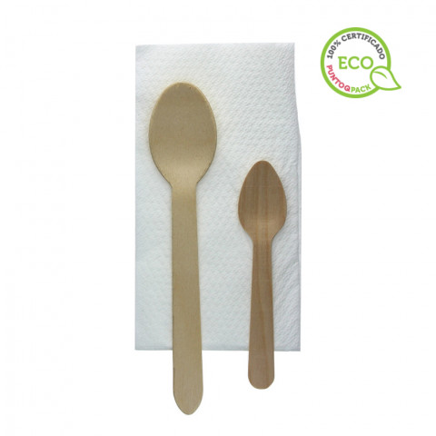 Set of wooden spoons with napkin in bag