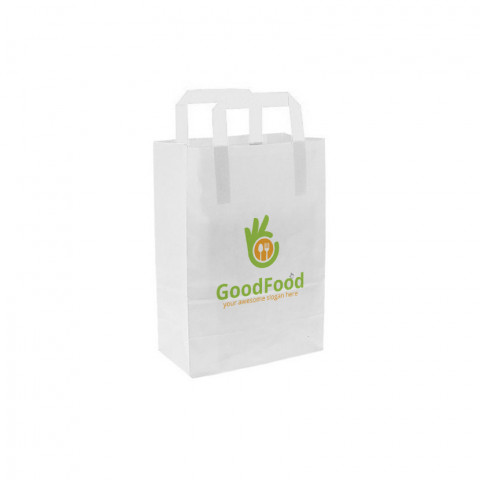 Bolsa de papel blanca con asa plana (20+10x28cm) Impresa 1 Cara Color