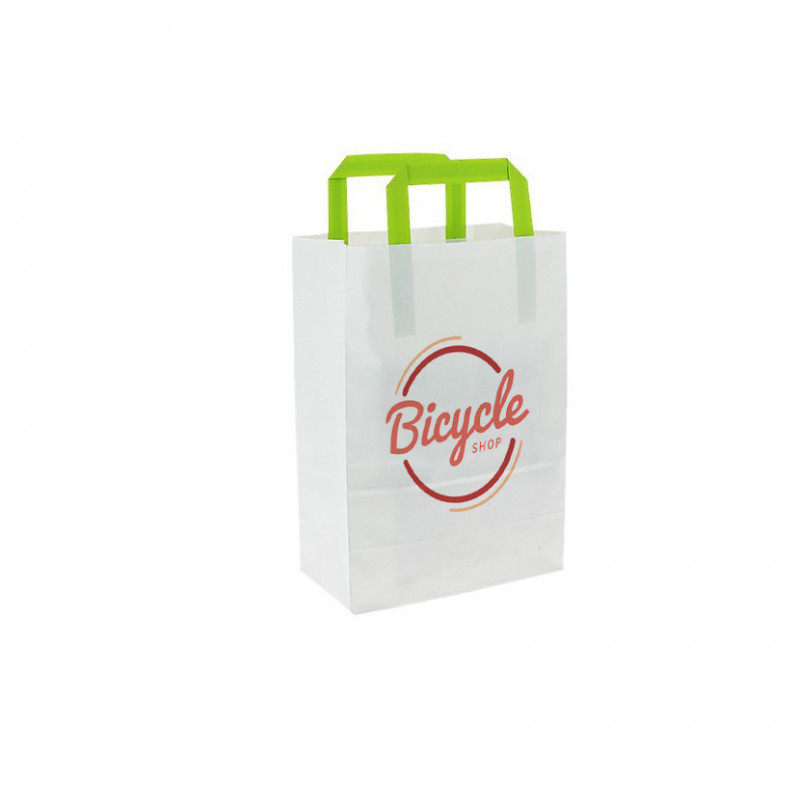 Bolsa de papel blanca con asa verde (20+10x28cm) Impresa 1 Cara Color Bolsa de papel blanca con asa verde (20+10x28cm) Impresa 1 Cara Color
