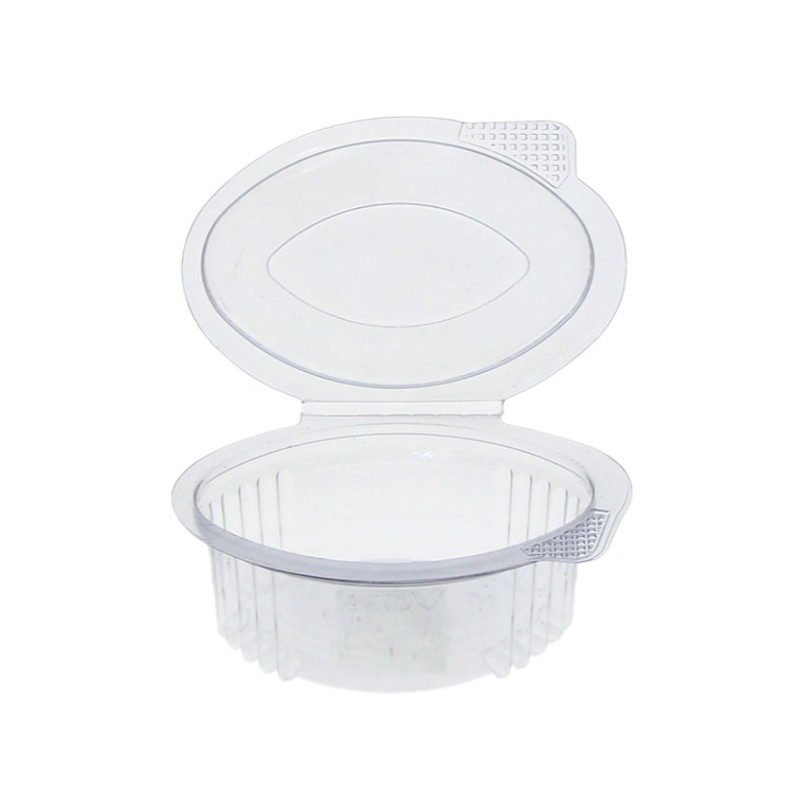 Saucière en PET recyclable avec couvercle à charnière (50cc) Saucière en PET recyclable avec couvercle à charnière (50cc)