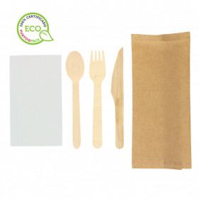 Complete pack of wooden cutlery and napkin in kraft bag