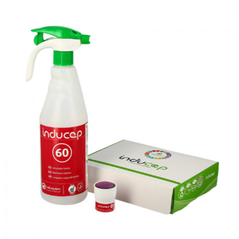 Kit 12 cápsulas de limpiador de baños ultraconcentradas con botella etiquetada.