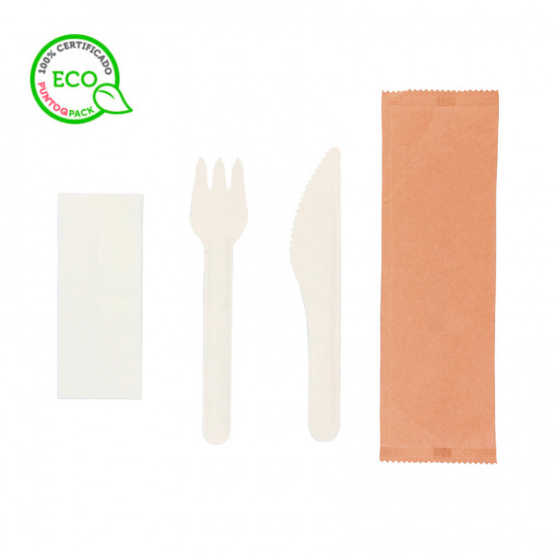 Pack de cubiertos de fibra biodegradables en bolsa kraft (tenedor, cuchillo y servilleta)