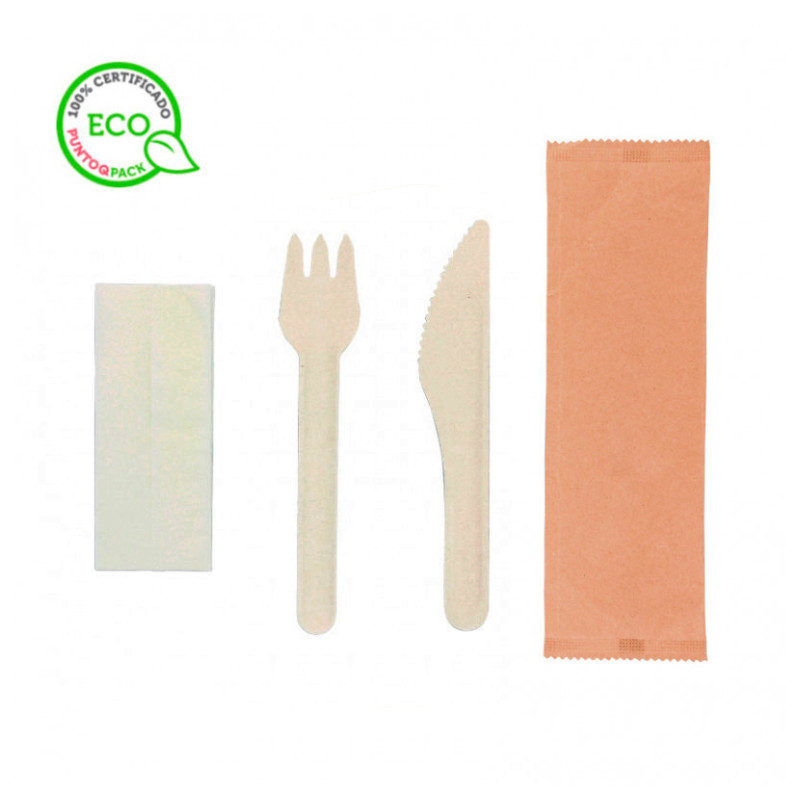 Pack de cubiertos de fibra biodegradables en bolsa kraft (tenedor, cuchillo y servilleta) Pack de cubiertos de fibra biodegradables en bolsa kraft (tenedor, cuchillo y servilleta)