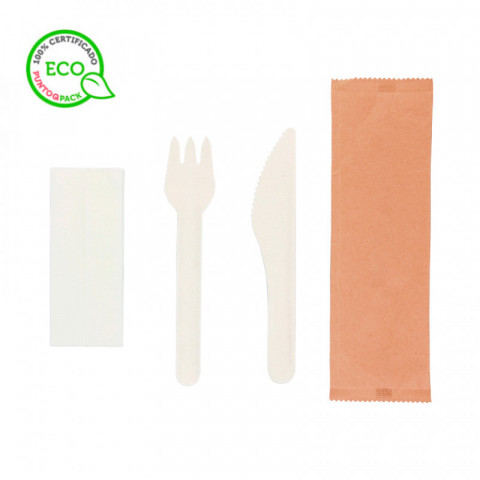 Pack de talheres de fibra biodegradável em saco kraft (garfo, faca e guardanapo)