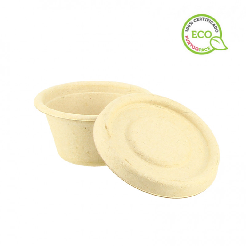 Vaschetta per salse in fibra Kraft con coperchio compostabile (60ml) Vaschetta per salse in fibra Kraft con coperchio compostabile (60ml)