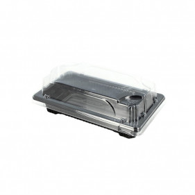 Mini Bandejas sushi PS reciclable con tapa antivaho (16,5x9x4cm)