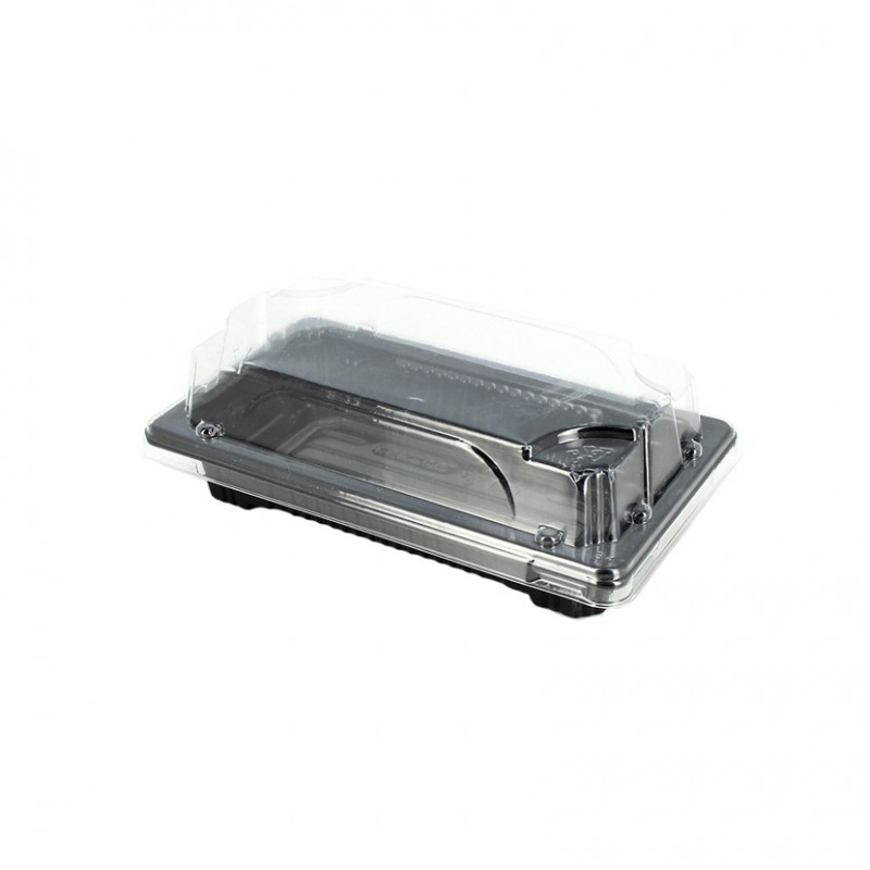 Mini barquettes à sushi en PS recyclable avec couvercle anti-buée (16,5x9x4cm) Mini barquettes à sushi en PS recyclable avec couvercle anti-buée (16,5x9x4cm)