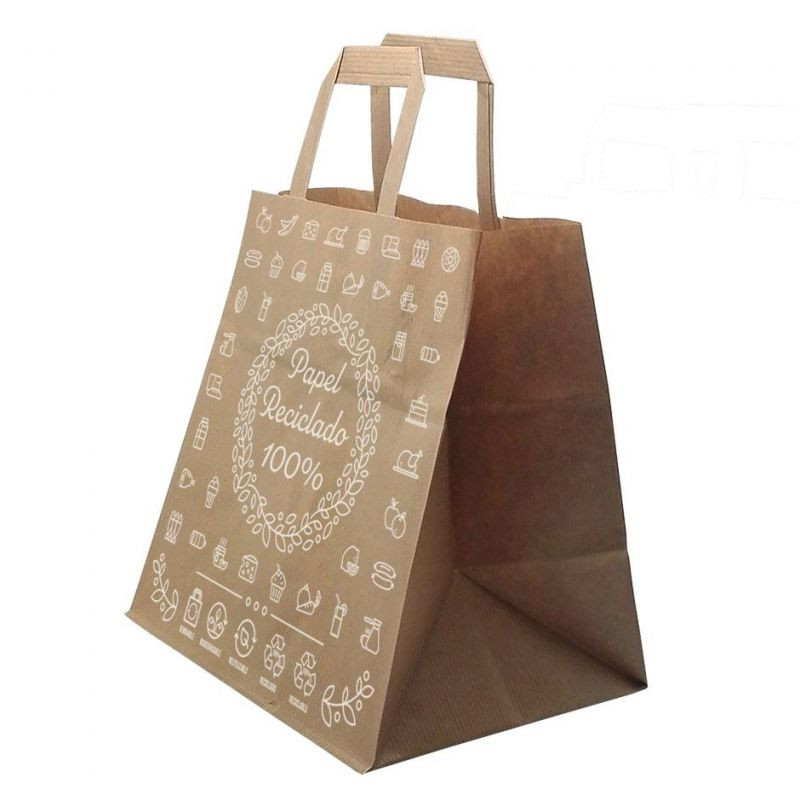 Sacolas de papel kraft com alça plana impressão reciclada (32+14x34cm)