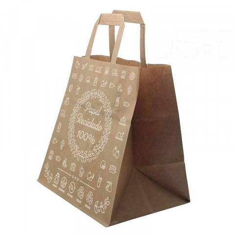 Sacolas de papel kraft com alça plana impressão reciclada (32+14x34cm)