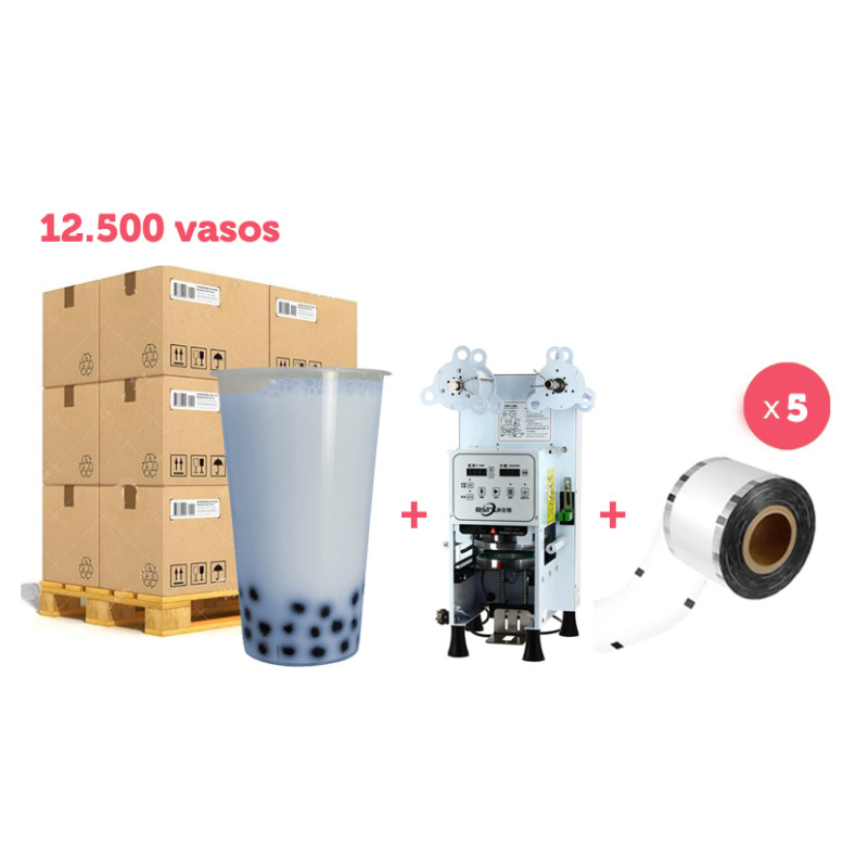 Kit de copos bubble tea 480ml, máquina e 5 rolos termoseláveis