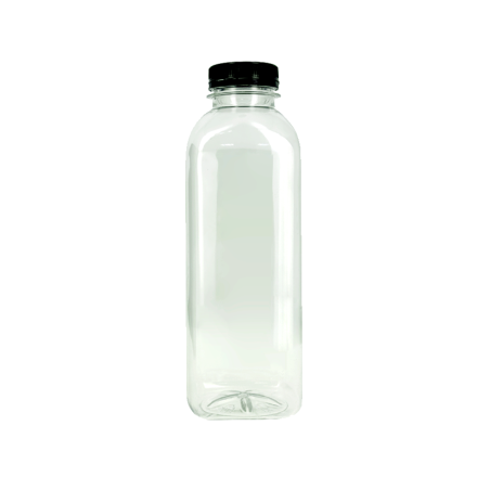 GARRAFAS PET TRANSPARENTES COM TAMPAS NEGRAS