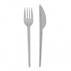 Pacco posate (forchetta e coltello) in PS bianco riciclabile