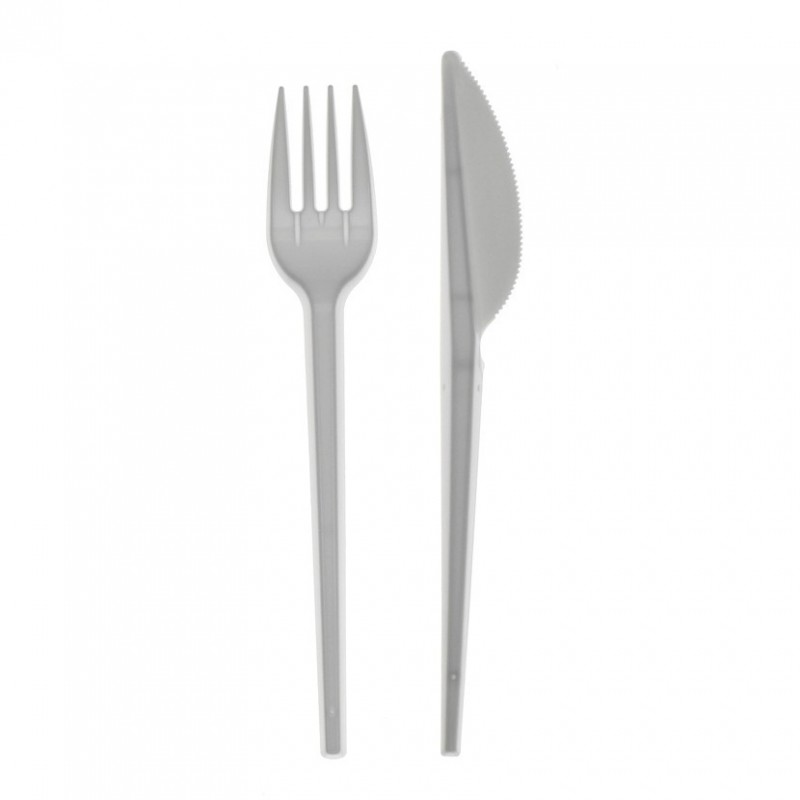 Pacco posate (forchetta e coltello) in PS bianco riciclabile