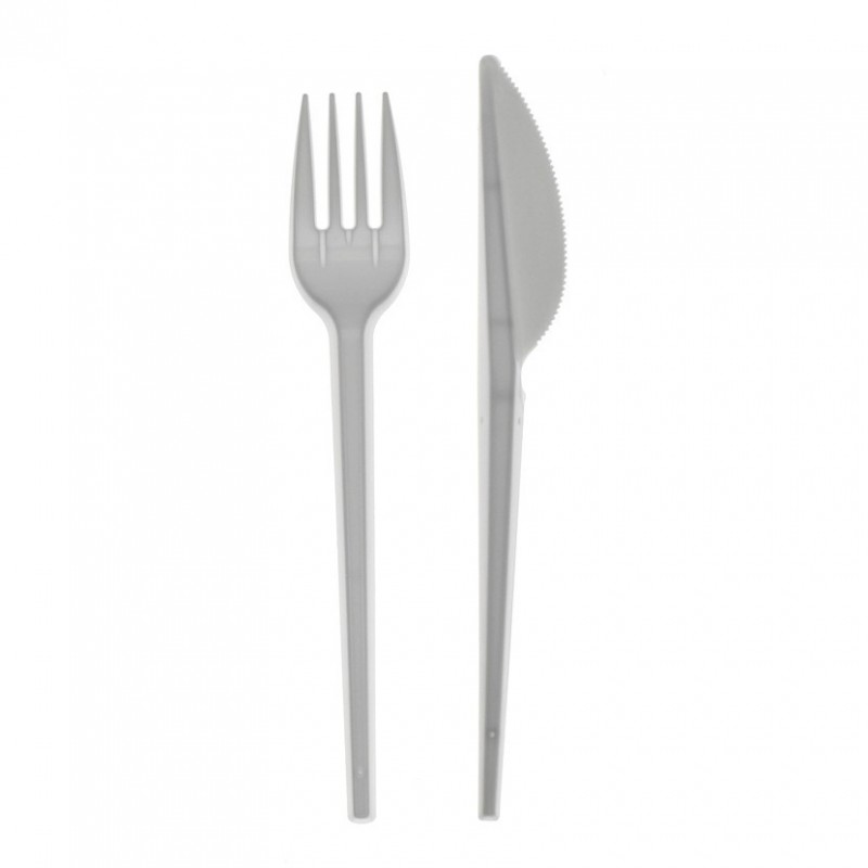 Pacco posate (forchetta e coltello) in PS bianco riciclabile Pacco posate (forchetta e coltello) in PS bianco riciclabile