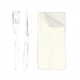 Conjunto de talheres em PS transparente e reciclável (garfo, faca e guardanapo)