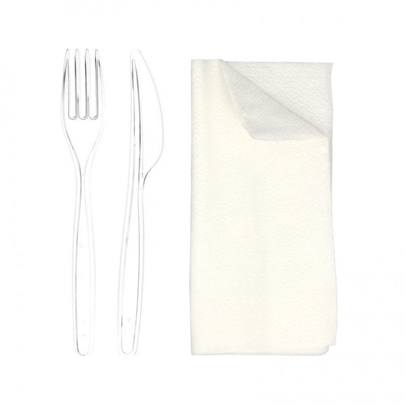 Ménagère en PS transparent et recyclable (fourchette, couteau et serviette)