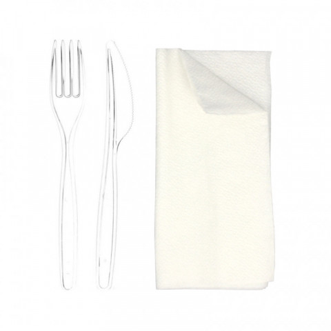 Set de cubiertos PS transparente y reciclable (tenedor, cuchillo y servilleta)