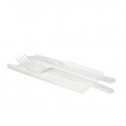Set di posate in PS trasparente e riciclabile (forchetta, coltello e tovagliolo)