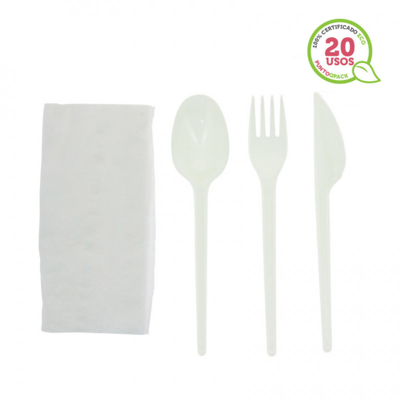 Complete set of white reusable ECO cutlery