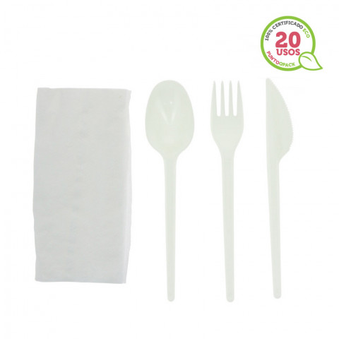 SET COMPLETO CUBIERTOS ECO REUTILIZABLES BLANCOS