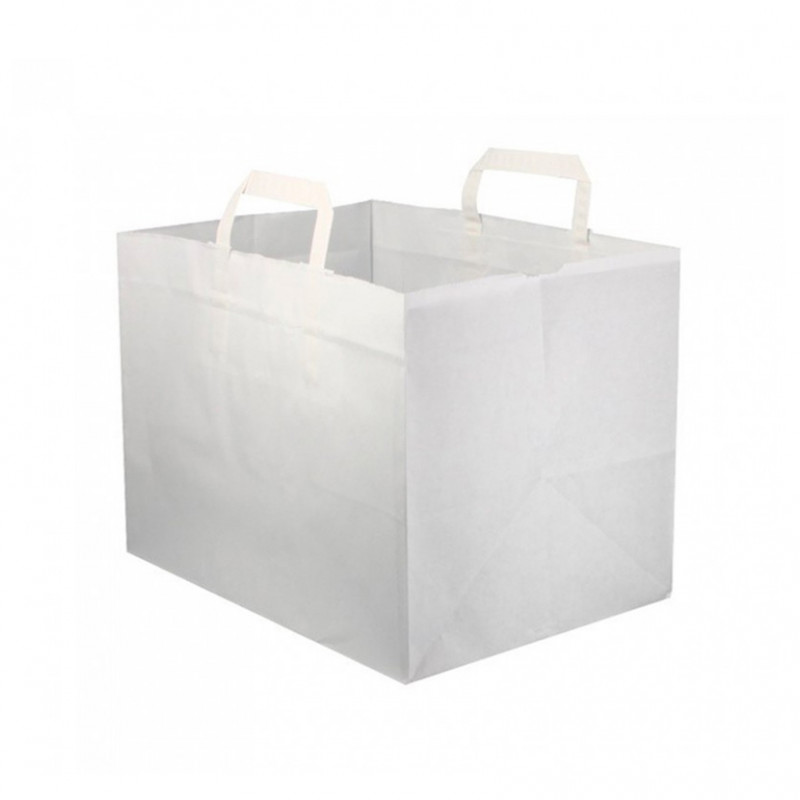 Wide white paper bags with reinforced flat handle (32+21x25cm)