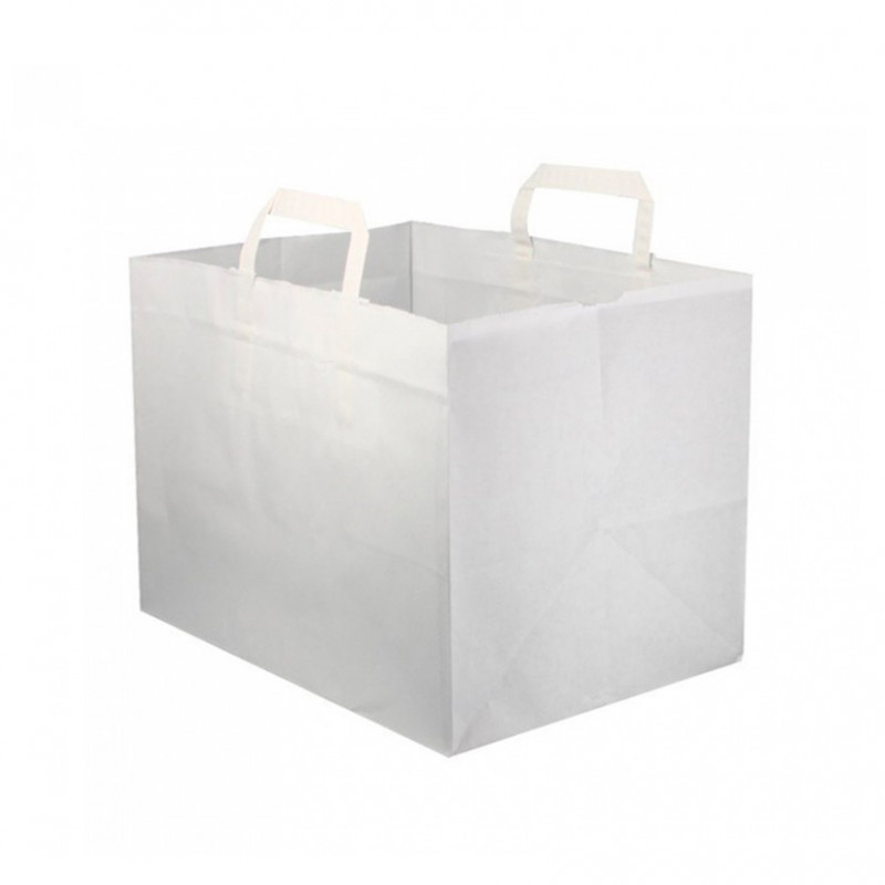 Wide white paper bags with reinforced flat handle (32+21x25cm) Wide white paper bags with reinforced flat handle (32+21x25cm)