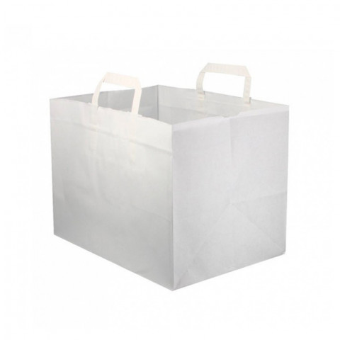 Wide white paper bags with reinforced flat handle (32+21x25cm)