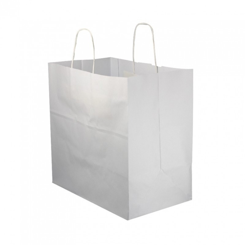 White paper bags with curly handle (30+18x29cm) White paper bags with curly handle (30+18x29cm)