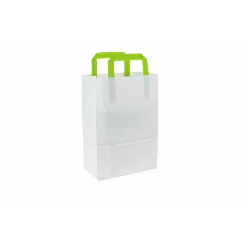 Bolsas de papel blancas pequeñas asa verde (20+10x28cm) Bolsas de papel blancas pequeñas asa verde (20+10x28cm)