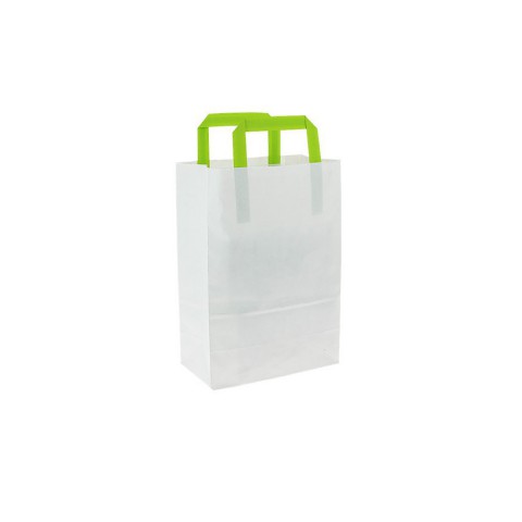Bolsas de papel blancas pequeñas asa verde (20+10x28cm)