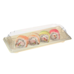 Tabuleiro comprido para sushi compostável com tampa (20,2x9x4 cm) | PointQpackName