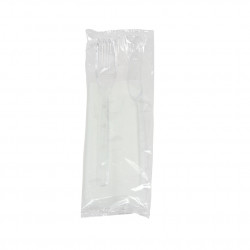 Set de cubiertos PS transparente y reciclable (tenedor, cuchillo y servilleta)