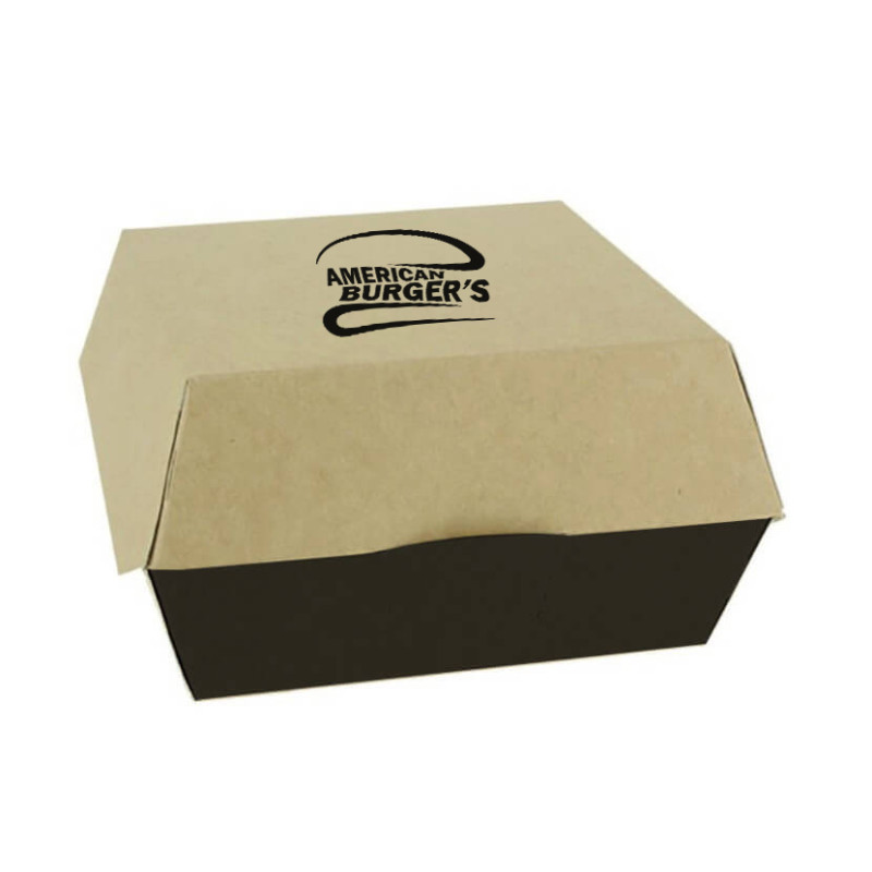 Caja para hamburguesa cartón negro kraft (12x12x8cm) Personalizada