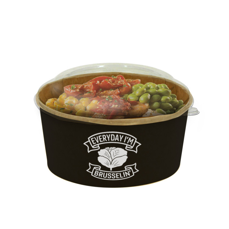 Ensaladera de cartón negro con tapa PET (750cc) Personalizada 1 tinta