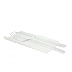 Set de cubiertos PS transparente y reciclable (tenedor, cuchillo y servilleta)